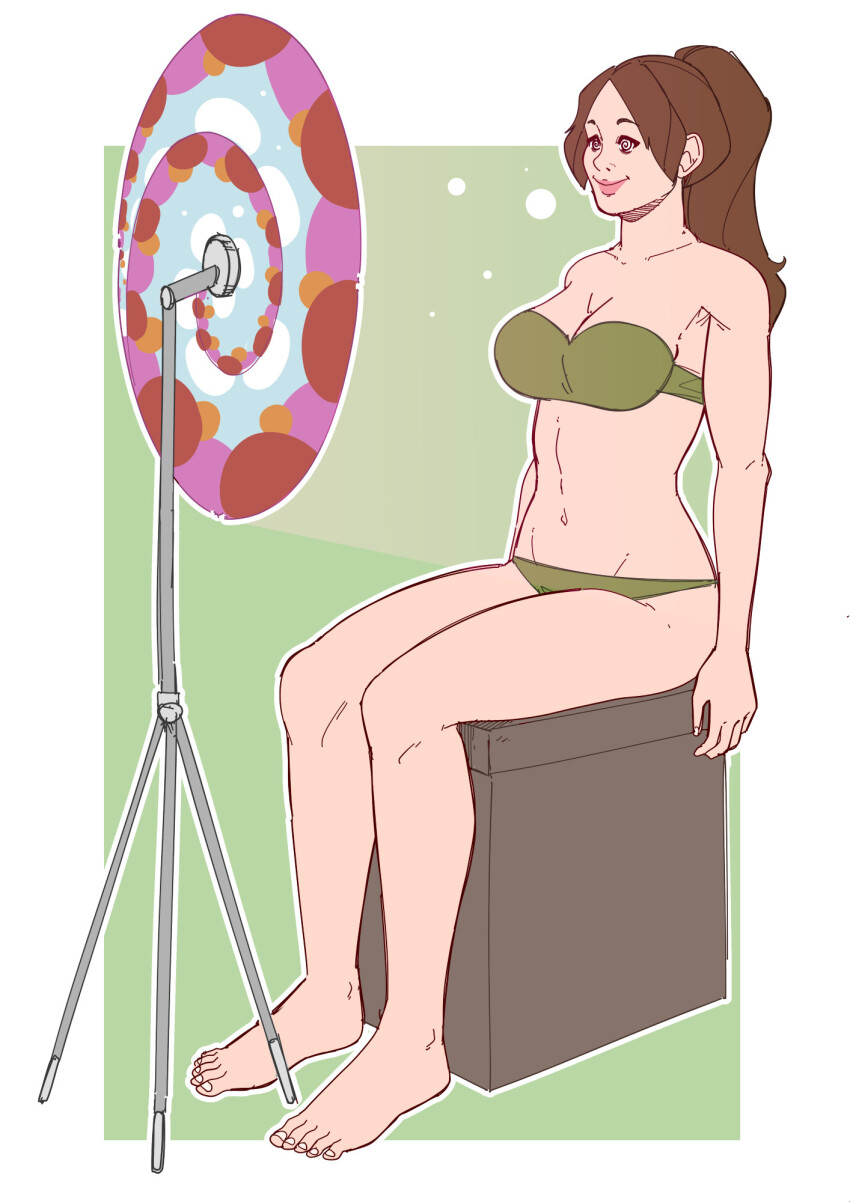 bare_legs barefoot bikini border brown_hair cleavage collarbone efalabrino feet female_only femsub happy_trance hypnotic_disc lara_croft large_breasts long_hair midriff navel our_man_flint ponytail simple_background sitting smile solo spiral spiral_eyes symbol_in_eyes tomb_raider