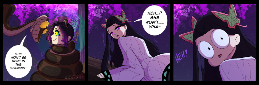 black_hair butterfly comic demon_slayer disney english_text hair_ornament kaa kaa_eyes kanae_kocho multiple_girls multiple_views orkart outdoors purple_hair shinobu_kocho signature sitting snake text the_jungle_book trees
