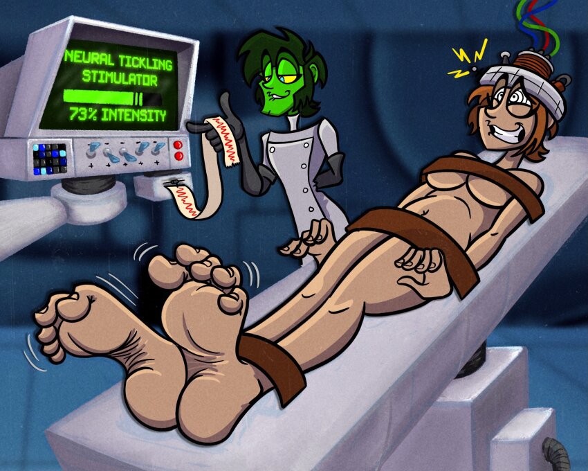 barefoot bondage bottomless breasts doctor_lovestrange_(sleepy-foot) feet femsub foot_focus green_skin happy_trance helmet mad_scientist maledom nude original progress_indicator ring_eyes short_hair sleepy-foot smile tech_control tickling topless