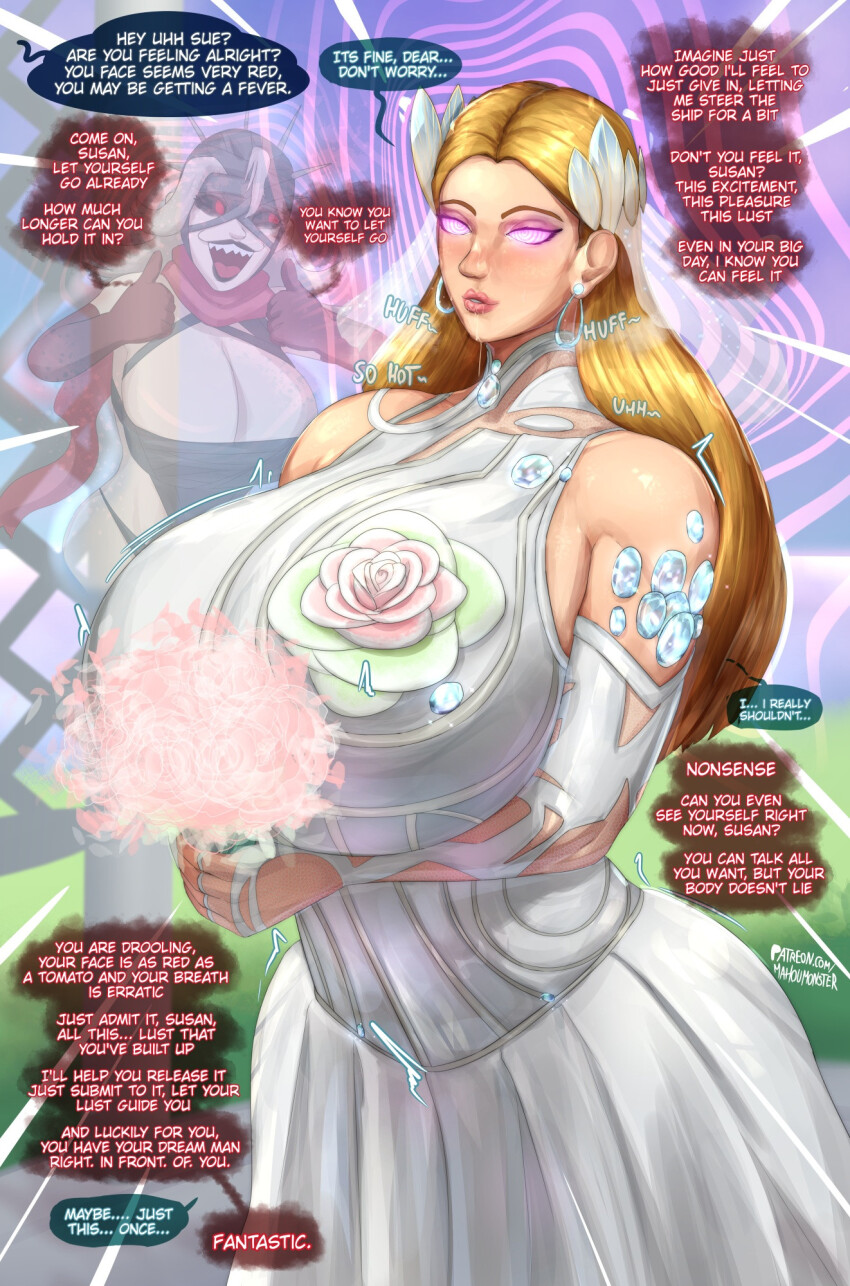 black_sclera blonde_hair blush bouquet breath dialogue drool earrings english_text fantastic_four femdom femsub flower huge_breasts long_hair mahoumonsterart malice_(marvel) marvel_comics marvel_rivals milf mr_fantastic multiple_girls pink_eyes red_eyes reed_richards spiral spiral_eyes split_personality susan_storm symbol_in_eyes text wedding_dress white_hair