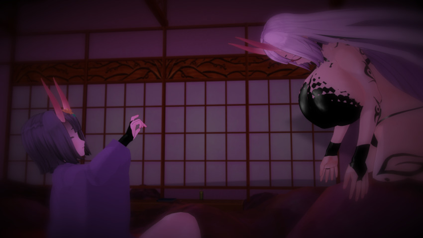 3d absurdres age_progression ass_expansion bedroom body_markings breast_expansion cleavage closed_eyes clothed complex_background corrupted_visuals corruption custom_maid_3d_2 dark_side_ruler demon_girl eldritch fate/grand_order fate_(series) female_only femdom femsub fingerless_gloves glasses gloves glowing growth hair_ornament hanging_breasts horns huge_breasts mashu_kyrielight multiple_girls oni_girl open_mouth pink_hair purple_hair restrained short_hair shuten_doji sitting transformation very_long_hair yuri