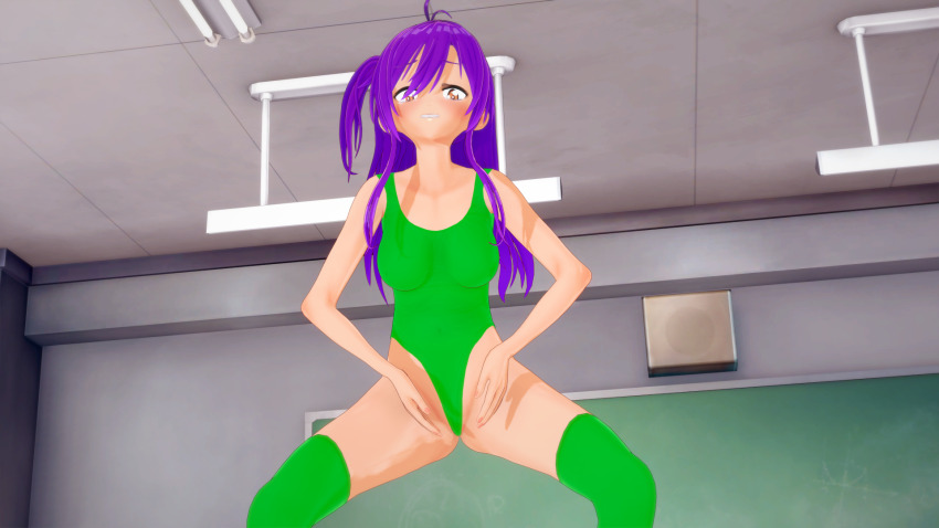 3d femsub haigure haigure_ayami_(artist) leotard long_hair original purple_hair resisting swimsuit unhappy_trance