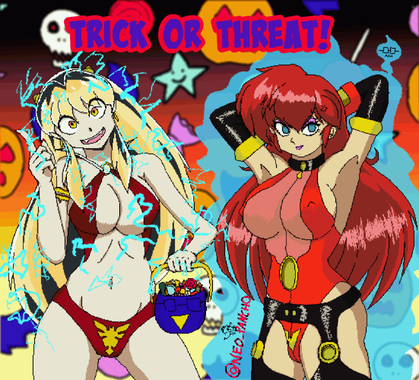 alternate_costume alternate_hairstyle animated animated_gif arms_above_head aura bare_shoulders black_eyes blonde_hair blue_eyes breasts candy character_request choker cleavage clothed copyright_request corruption costume electricity empty_eyes english_text erect_nipples erect_nipples_under_clothes evil_smile eye_color_change femsub food genderswap ghost glasses hair_color_change halloween large_breasts looking_at_viewer lum midriff navel neopancho possession ranma_1/2 ranma_saotome red_eyes red_hair rumic_world skull smile tagme text thighs urusei_yatsura vampirella very_long_hair yellow_eyes