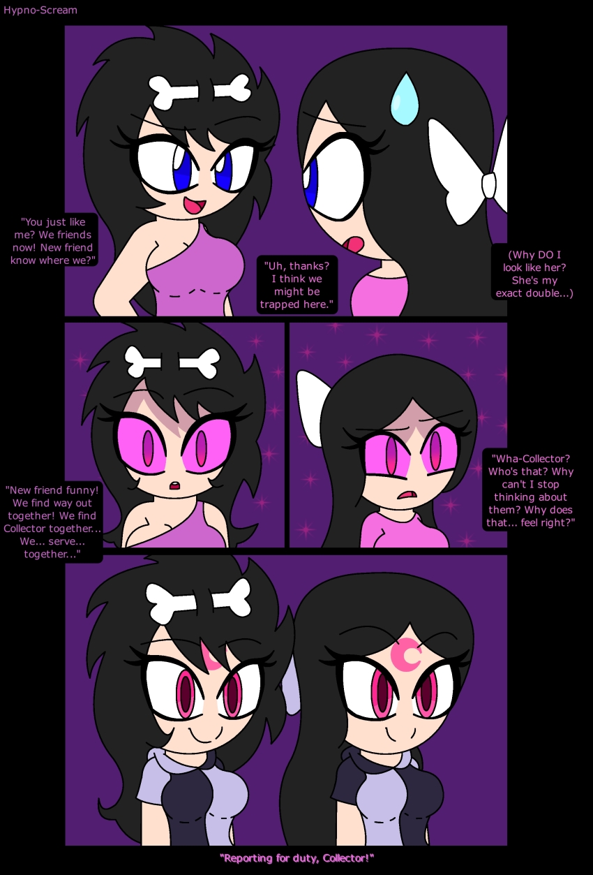 aged_up altered_common_sense alternate_costume bare_shoulders black_hair blue_eyes bow cave_girl comic disney eyebrows_visible_through_hair eyelashes femsub happy_trance hypnoscream isabella_garcia-shapiro isabelock large_breasts multiple_girls multiple_subs open_mouth phineas_and_ferb pink_eyes pink_sclera sequence simple_background smile standing_at_attention surprised text the_owl_house