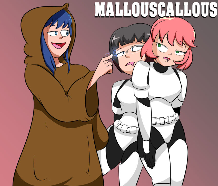 akiko_tsushima black_hair empty_eyes female_only femdom femsub hiroko_homura jedi_mind_trick long_hair mallouscallous open_mouth penlight pink_hair sayori_watanabe star_wars