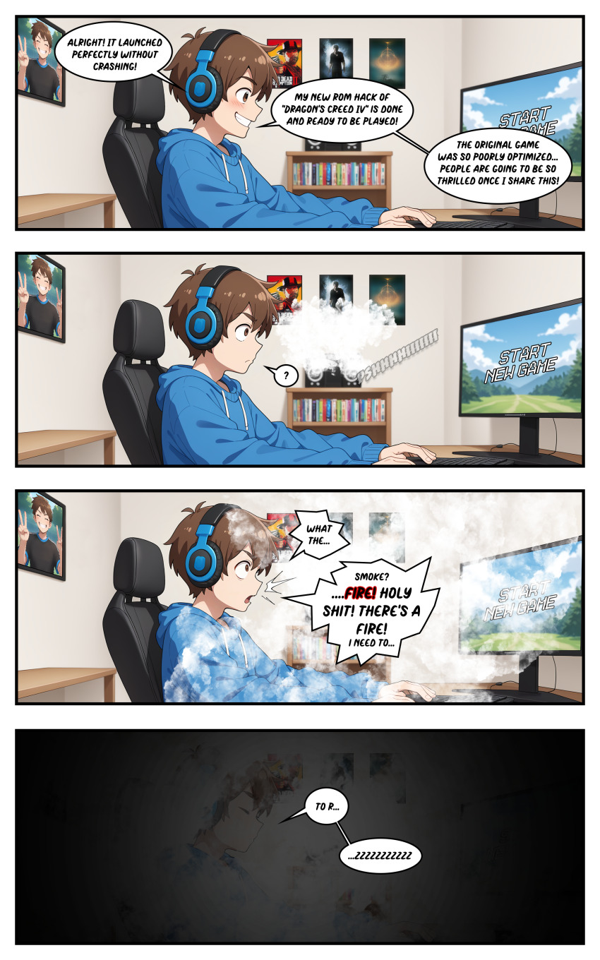 absurdres ai_art bedroom brown_eyes brown_hair comic fungip_(generator) male_only smile smoke speech_bubble surprised sweater text