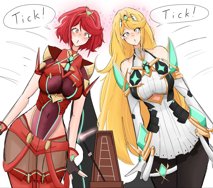 a_singular_fish blonde_hair long_hair metronome mythra_(xenoblade) nintendo pyra_(xenoblade) red_hair tick-tock_saying xenoblade_chronicles xenoblade_chronicles_2