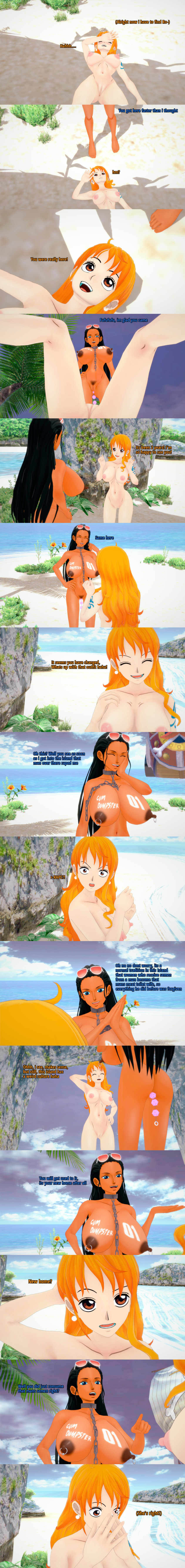 absurdres altered_common_sense anal_beads black_hair blue_eyes body_writing breasts chains closed_eyes dialogue english_text female_only femsub long_hair multiple_girls multiple_subs nami_(one_piece) nico_robin nipple_piercing nipples nude one_piece orange_eyes orange_hair piercing pubic_hair sex_toy sugus sunglasses surprised tan_skin tattoo text