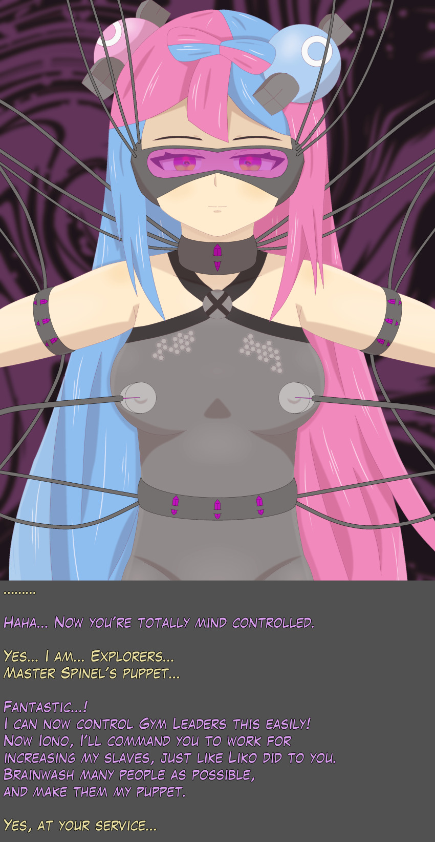 blue_hair corruption enemy_conversion femsub glowing hypnotic_screen iono_(pokemon) magnemite nasicampur32 nintendo pink_hair pokemon pokemon_(anime) pokemon_(creature) pokemon_scarlet_and_violet tagme tech_control text visor