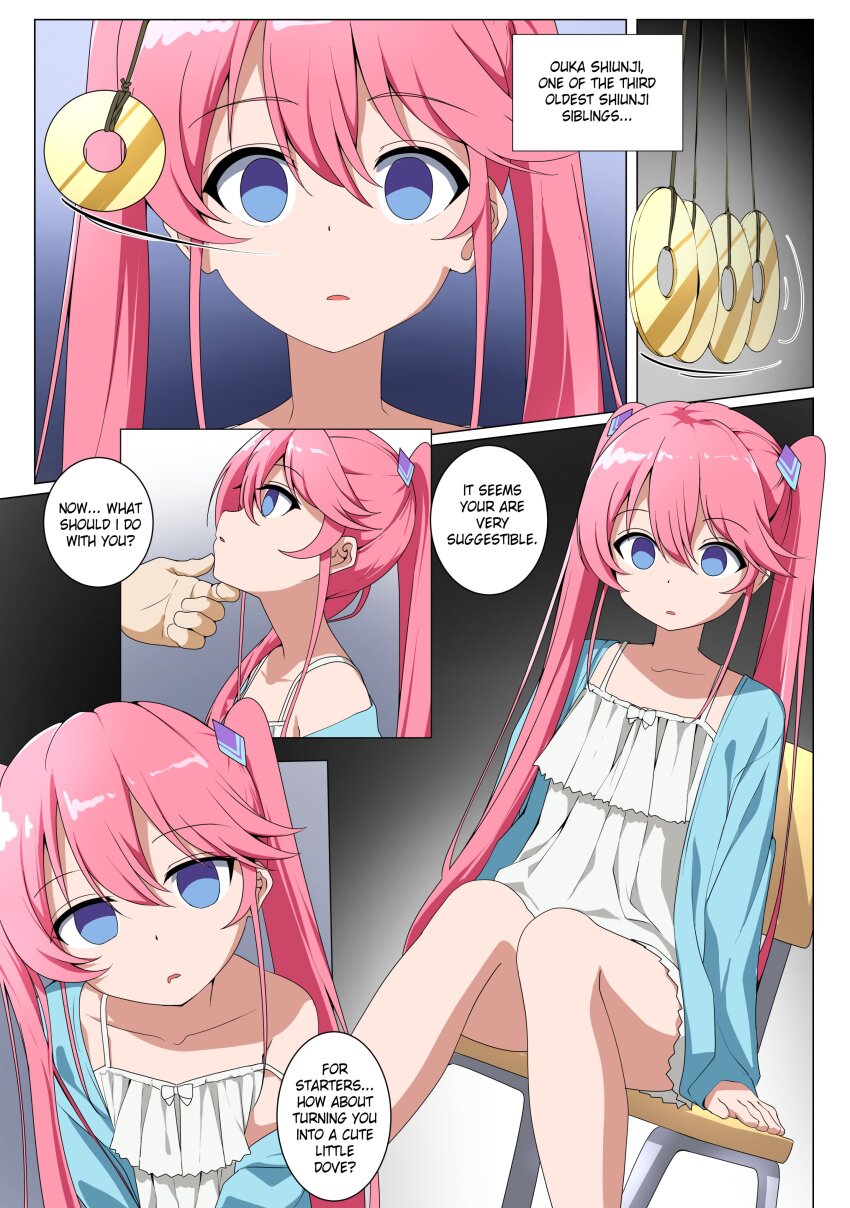 blue_eyes chair chin_hold coin comic empty_eyes etlabsotwe femsub ouka_shiunji pendulum pink_hair sitting text the_shiunji_family_children traditional_hypnosis twintails