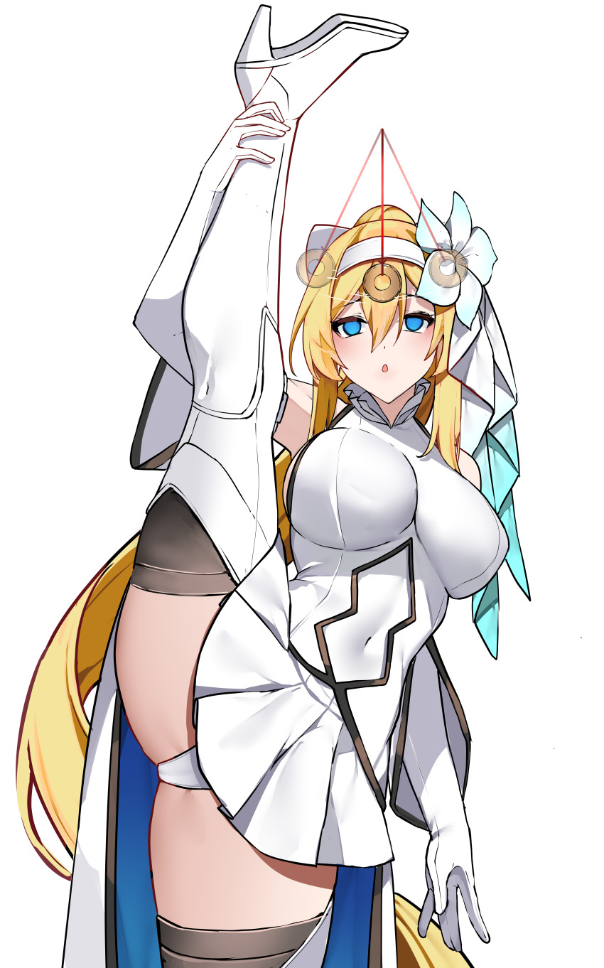 absurdres bare_shoulders blue_eyes blush boots breasts cloak empty_eyes female_only femsub flower flower_in_hair headband high_heels large_breasts navel panties pendulum ponytail solo standing_split the_symphony_of_dragon_and_girls thigh_boots thighs transparent_background veil very_long_hair vierzeck