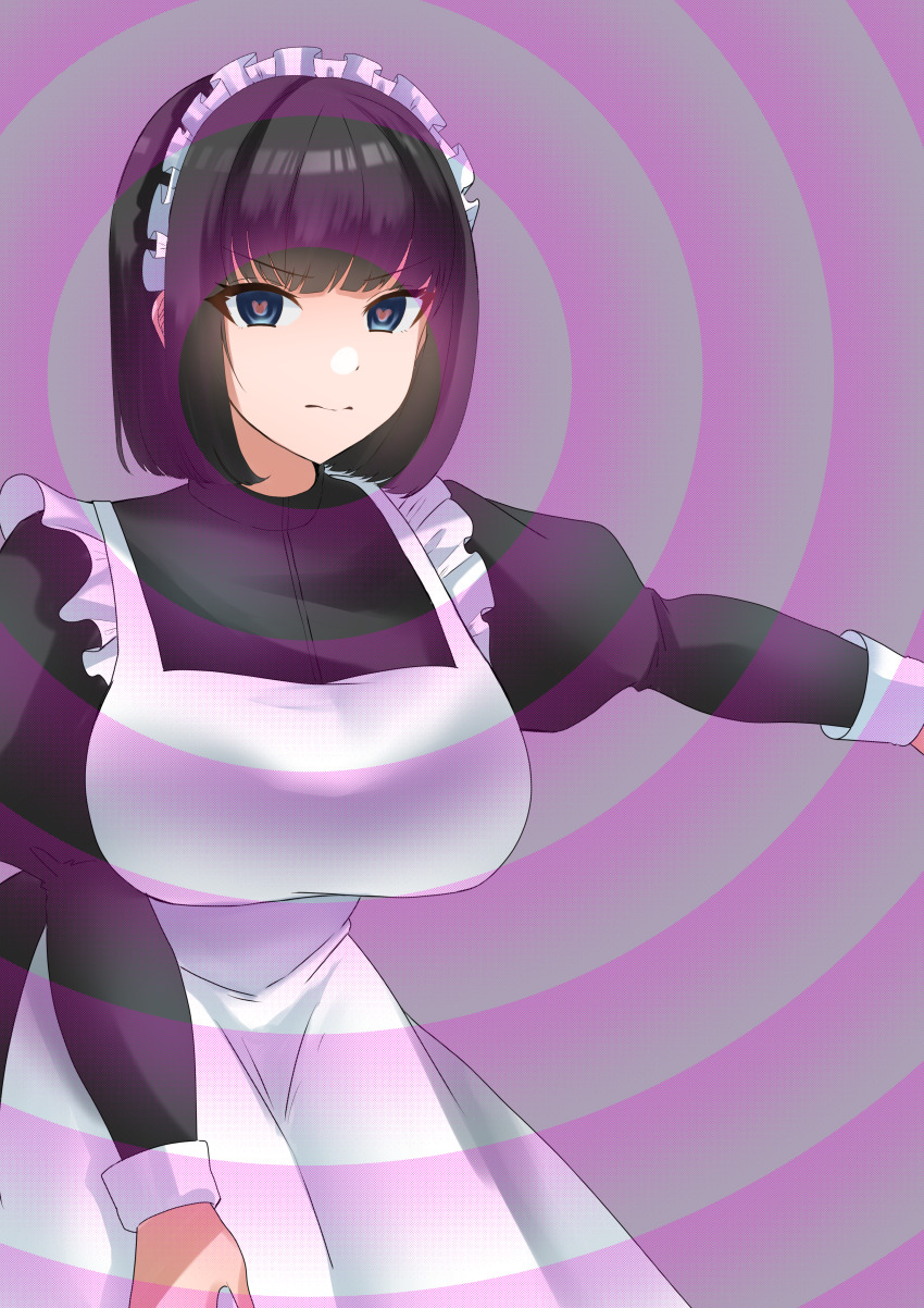 absurdres black_hair blue_eyes breasts eyebrows_visible_through_hair femsub hard_translated heart_eyes large_breasts maid maid_headdress maledom multiple_subs original purple_background resisting secret_society_hamelin short_hair simple_background spiral