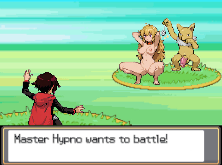 ai_art blonde_hair hypno nintendo nude pixel_art pokemon pokemon_(creature) red_hair ruby_rose rwby squatting yang_xiao_long yellow_skin