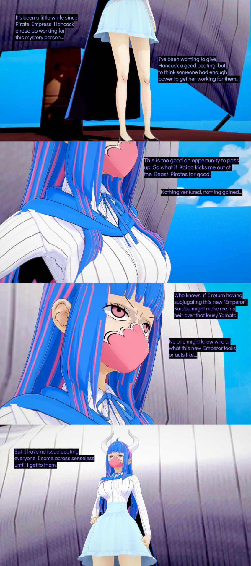 3d absurdres aware blue_hair clothed cyanstargazer dialogue english_text female_only horns long_hair mask multicolored_hair one_piece pink_eyes pink_hair solo text ulti_(one_piece)