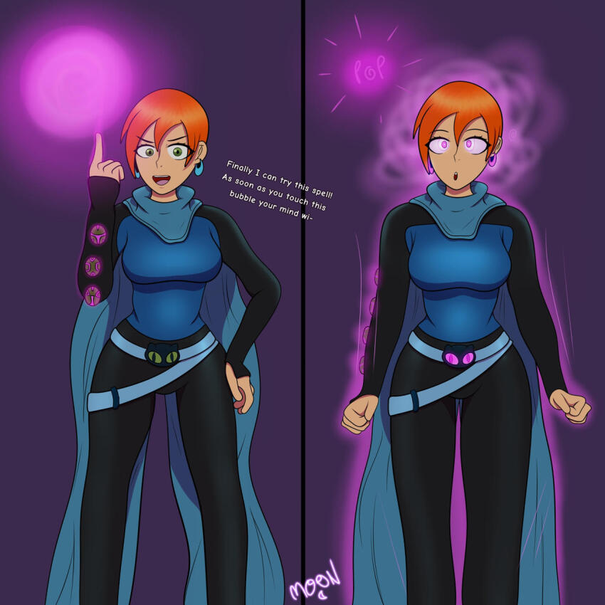 accidental_hypnosis before_and_after belt ben_10 breasts cloak clothed earrings english_text eyebrows_visible_through_hair female_only femsub glowing glowing_eyes green_eyes gwen_tennyson hypnotic_accessory hypnotic_magic hypnovember light_skin looking_at_viewer m00n_key magic open_mouth orange_hair purple_eyes self_hypnosis short_hair shrunken_irises signature simple_background smile text tight_clothing