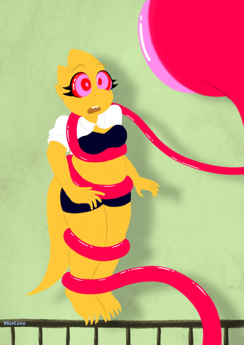 absurdres alphys_(undertale) bare_legs barefoot blueconn bra briefs clothed coils femsub furry hypnotic_tentacle lab_coat lizard_girl non-human_feet open_mouth ring_eyes signature tail tentacles undertale underwear yellow_skin