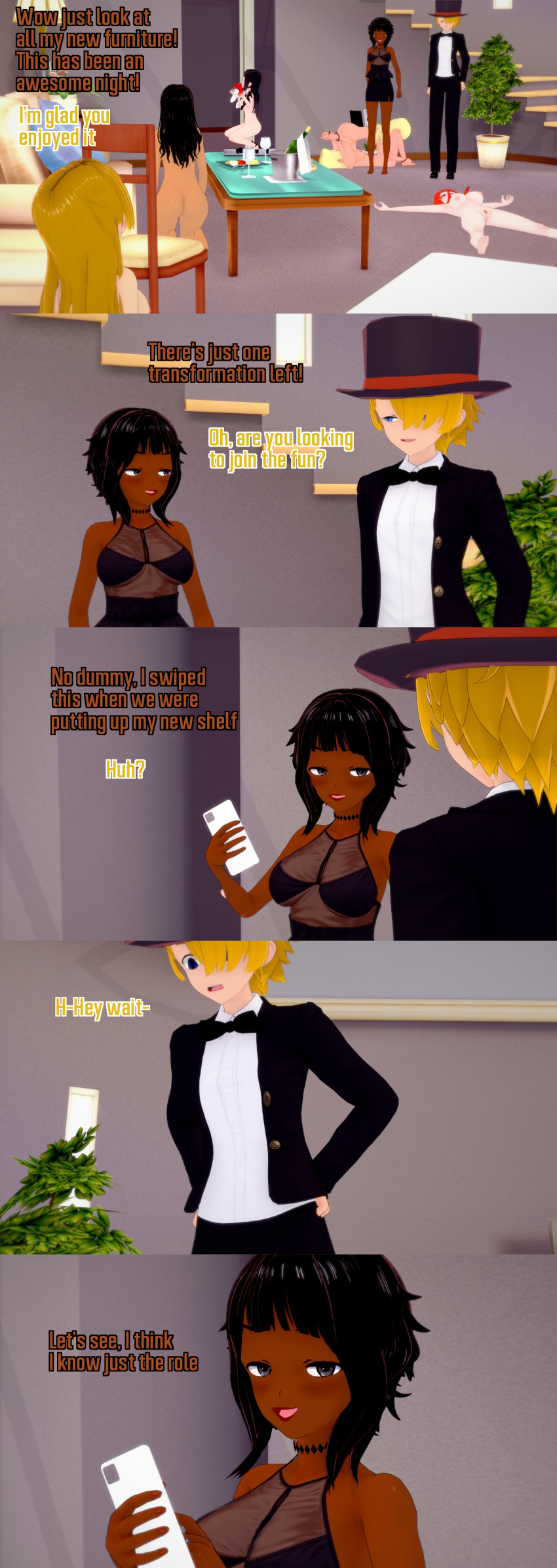 absurdres alice_(veritas) black_eyes black_hair blonde_hair blue_eyes breasts clothed dark_skin dialogue divya_(veritas) english_text femdom femsub hair_covering_one_eye hannah_(veritas) human_furniture long_hair magician matthew_(veritas) melina_(veritas) multiple_girls multiple_subs nipples nude paige_(veritas) phone pubic_hair red_hair short_hair simone_(veritas) text veritas zara_(veritas) zenin1