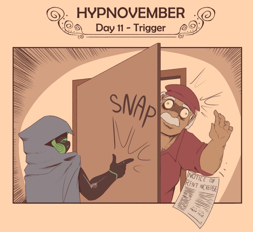 bodysuit character_request chest_hair cloak clothed english_text femdom finger_snap green_hair hat humor hypnovember malesub mustache original pstash text white_hair