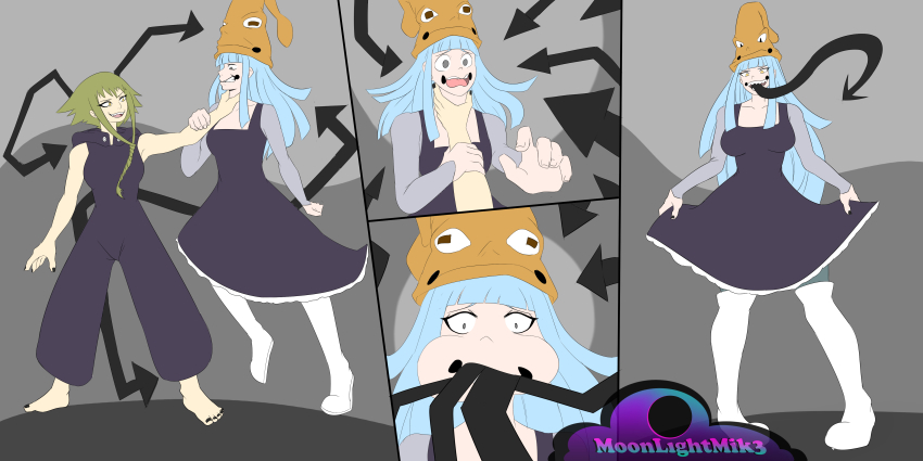 absurdres barefoot black_eyes black_nail_polish blonde_hair blue_hair boots character_request clothed corruption defeated dress empty_eyes evil_smile eye_color_change femdom femsub hanging_down hat long_hair medusa_(soul_eater) moonlightmik3 nail_polish open_mouth oral possession sequence sharp_teeth short_hair smile soul_eater standing toenail_polish yellow_eyes