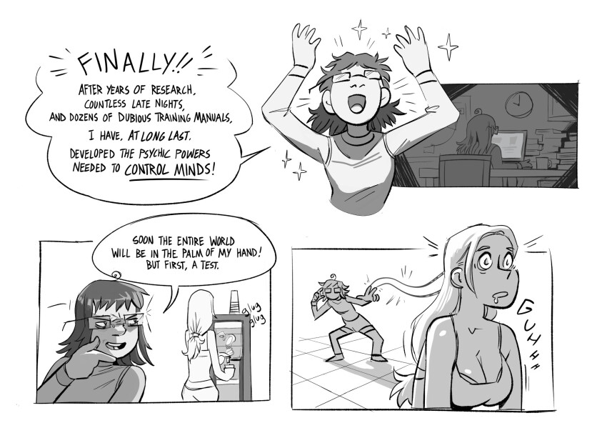 ahoge book chair cleavage clock collarbone comic female_only femdom femsub glasses humor large_breasts leaning_forward long_hair mollyjames open_mouth original ponytail psychic shirt shoes shorts simple_background smile table tank_top text white_background yuri