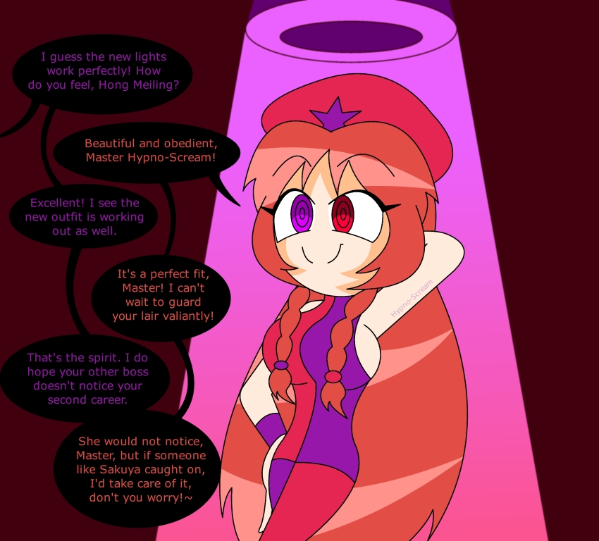 absurdres alternate_costume arms_above_head clothed costume dialogue english_text eye_color_change femsub hand_on_hip happy_trance hat heterochromia hong_meiling hypno-scream_(hypnoscream) hypnoscream maledom orange_hair original purple_eyes red_eyes ring_eyes smile speech_bubble text touhou very_long_hair