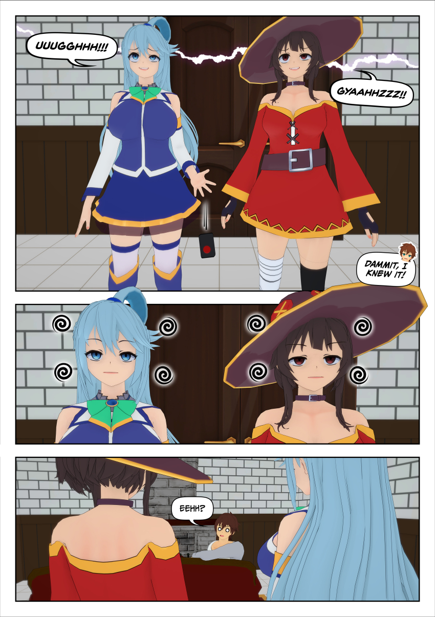 aqua_(konosuba) blue_hair breasts brown_hair clothed comic dialogue expressionless green_eyes kazuma_satou kono_subarashii_sekai_ni_shukufuku_wo! megumin_(konosuba) nude pussy red_eyes rollb saluting smug text