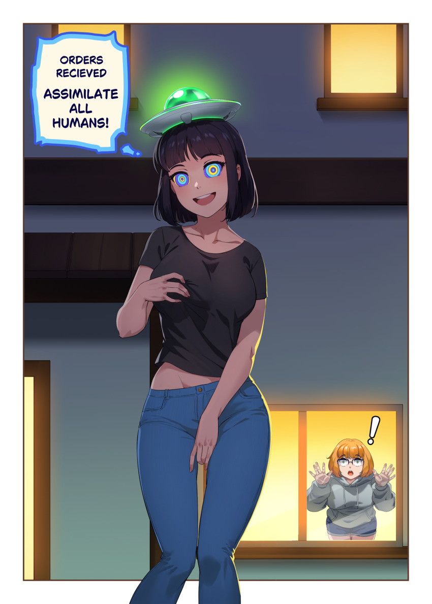alien bangs black_hair border breast_grab breasts chien_vietnam clothed collarbone comic english_text female_only femsub glasses happy_trance hoodie hypnotic_eyes jeans masturbation multiple_girls open_mouth orange_hair original ring_eyes short_hair shorts smile spiral_eyes standing surprised sweater t-shirt text ufo ufo_hat