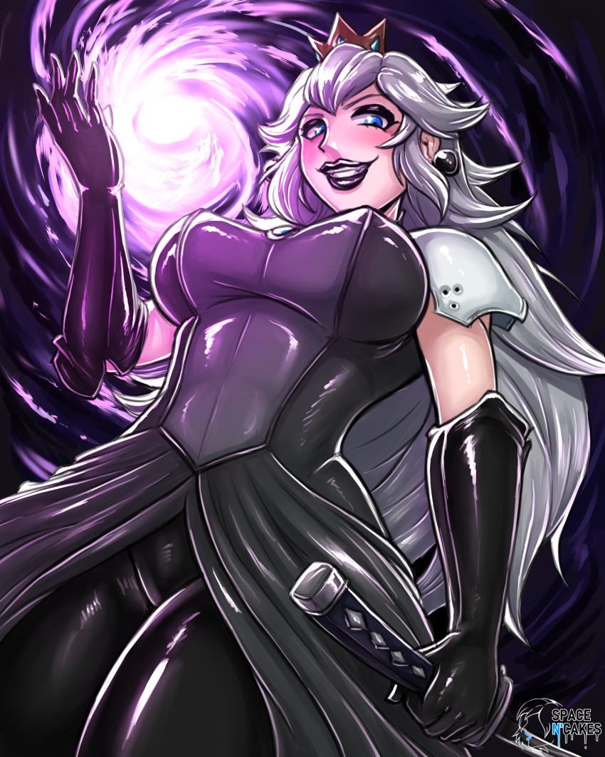 alternate_color_scheme alternate_costume alternate_hair_color black_lipstick blue_eyes breasts corruption crossover crown earrings evil_smile eyeshadow femsub final_fantasy final_fantasy_vii fusion gloves glowing happy_trance jewelry lipstick long_hair looking_at_viewer makeup maledom nintendo orb possession princess princess_peach sephiroth silver_hair smile spacen&#039;cake square_enix super_mario_bros. super_smash_bros. sword