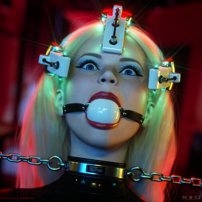 3d ball_gag blonde_hair blue_eyes bondage chains collar corruption female_only femsub gag glowing lipstick long_hair looking_at_viewer makeup mbirdcz red_lipstick solo tech_control text watermark