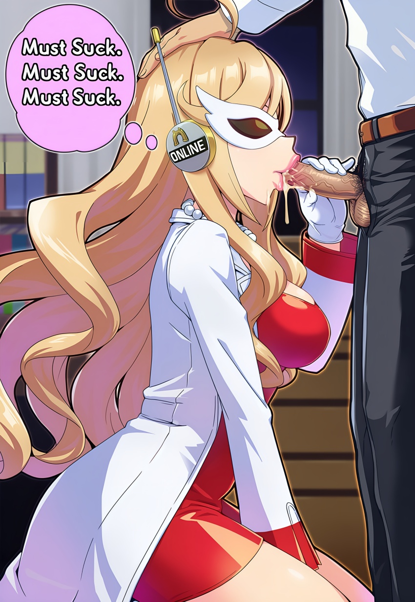 ai_art antenna blonde_hair cum cum_in_mouth dress english_text fellatio femsub gloves hellsing002_(generator) kneeling lab_coat long_hair maledom mantra mask necklace penis pubic_hair sasami_anshinzawa thought_bubble uma_musume