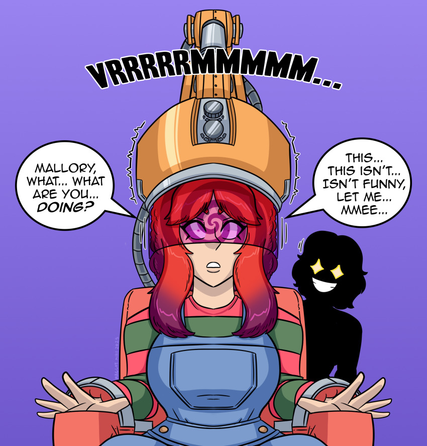 chair character_request clothed dialogue dryer_chair female_only femdom femsub gradient_background hair_growth helmet long_hair maggotmike multicolored_hair resisting restrained sequence shirt shrunken_irises signature simple_background sitting speech_bubble spiral suspenders tech_control text trembling visor