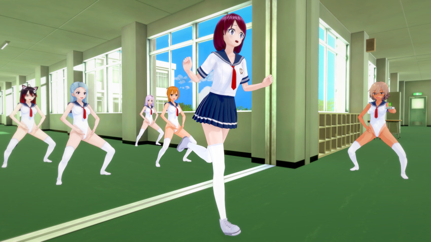 3d body_control femsub haigure haigure_ayami haigure_ayami_(artist) happy_trance leotard multiple_girls multiple_subs original raygun school_uniform swimsuit