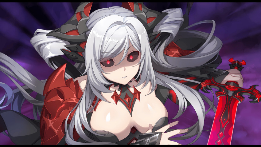 alexia_midgar black_sclera breasts corruption eye_color_change femsub game_cg glowing_eyes large_breasts long_hair looking_at_viewer official red_eyes smile the_eminence_in_shadow white_hair