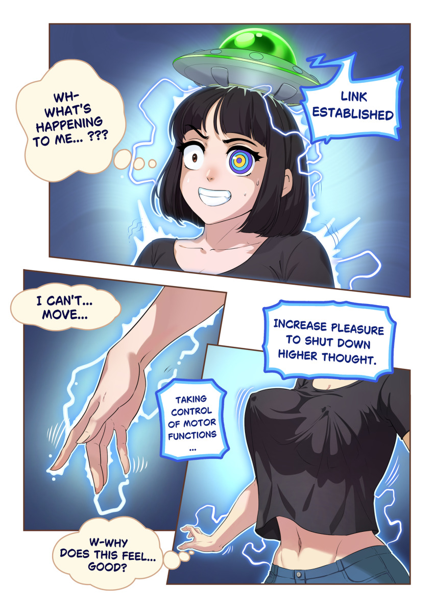 alien black_hair chien_vietnam comic electricity erect_nipples female_only femsub hypnotic_eyes ring_eyes shrunken_irises tech_control ufo ufo_hat