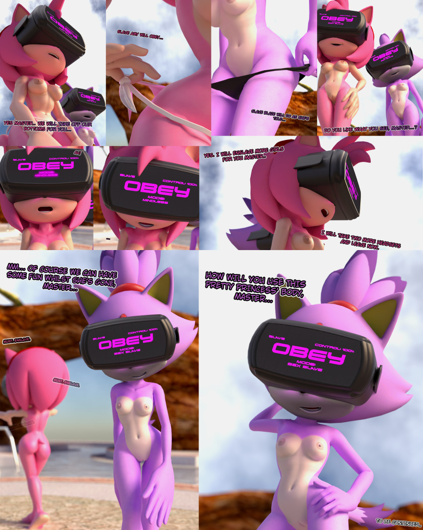 3d amy_rose ass barefoot bikini bikini_bottom blaze_the_cat breasts comic dialogue expressionless femsub furry happy_trance hedgehog_girl hypnotic_accessory kneeling multiple_girls multiple_subs nipples nude open_mouth outdoors pink_skin pool purple_skin pussy smile sonic_the_hedgehog_(series) spiralrose23 standing swimsuit tech_control text undressing visor