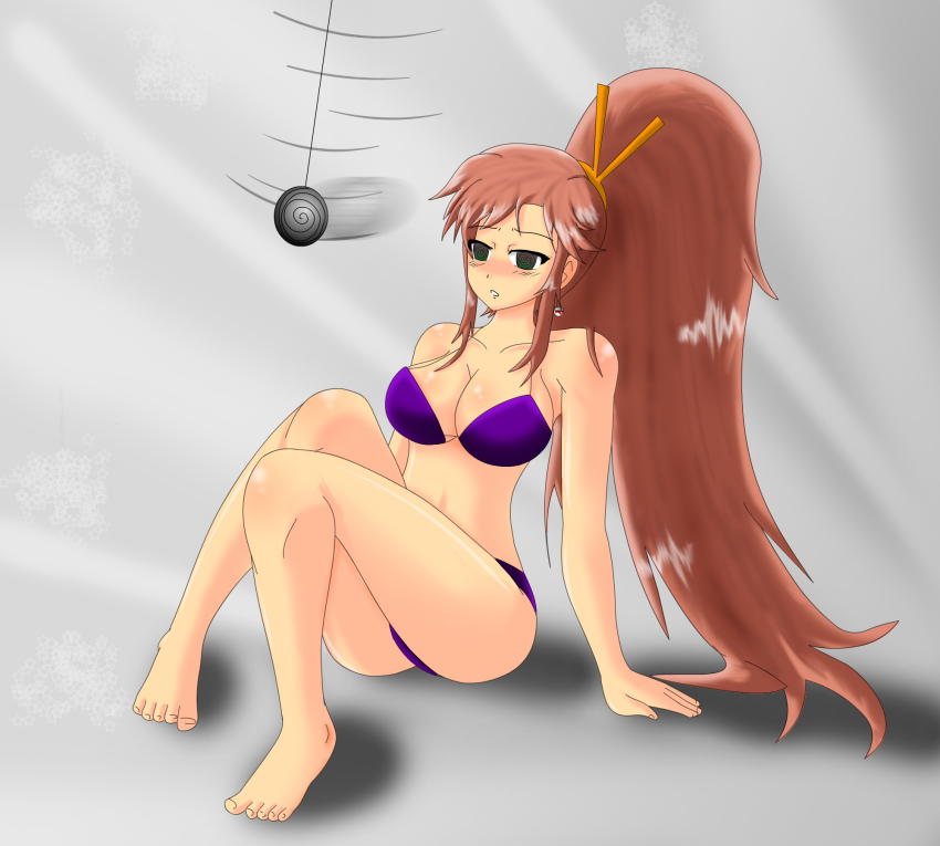 bikini bocodamondo breasts cleavage earrings expressionless femsub jewelry large_breasts long_hair pendulum ponytail spiral spiral_eyes symbol_in_eyes