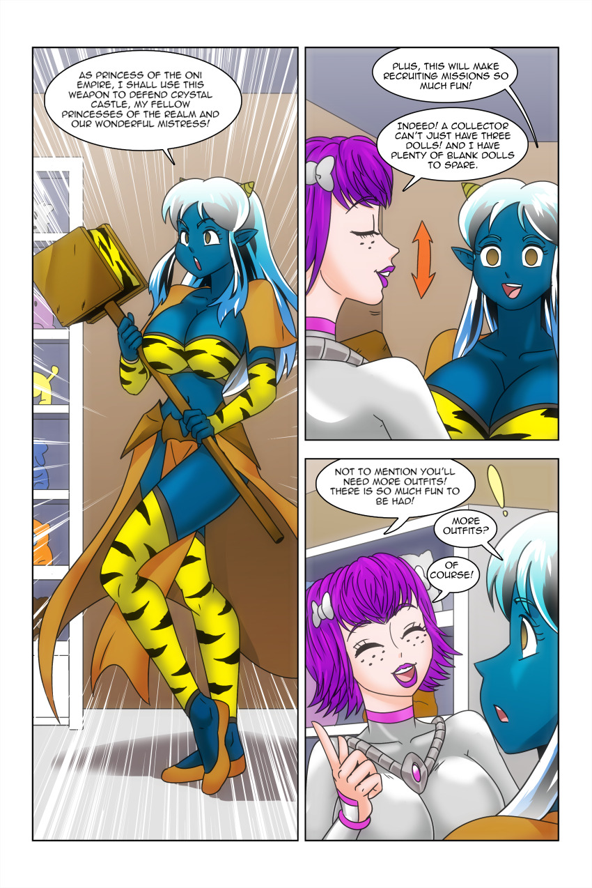 alien_girl blue_skin bow breasts brown_eyes cleavage closed_eyes comic dialogue dress elf_ears empty_eyes english_text femdom femsub freckles happy_trance horns kimberly_smith_(daveyboysmith9) large_breasts lipstick long_hair lum makeup midriff multicolored_hair oni_girl open_mouth original posing princess purple_eyes purple_hair purple_lipstick short_hair smile speech_bubble standing story text thighhighs thighs tiger_print urusei_yatsura wadevezecha weapon