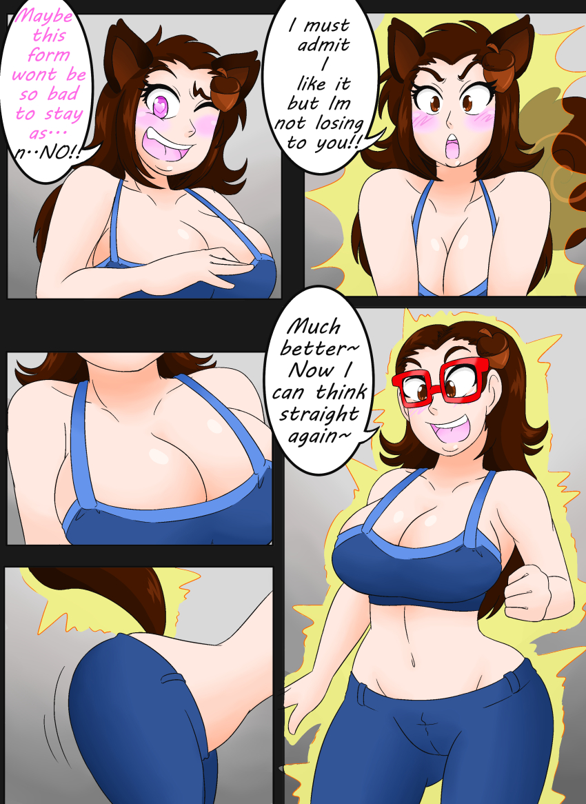 brown_hair cleavage comic crop_top dialogue glasses hair_clips happy_trance heart_eyes jeans kobi94 large_breasts long_hair midriff pink_eyes speech_bubble squirrel_girl tattoo trance_break transformation