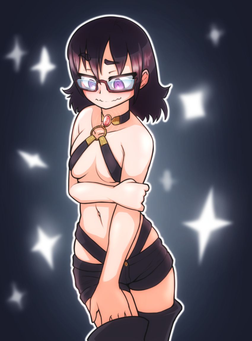 black_hair collar cosplay embarrassed femsub glasses hypnotic_accessory hypnovember jahy-sama navel purple_eyes simple_background small_breasts solo spiral_eyes the_great_jahy_will_not_be_defeated thekinkyfinn