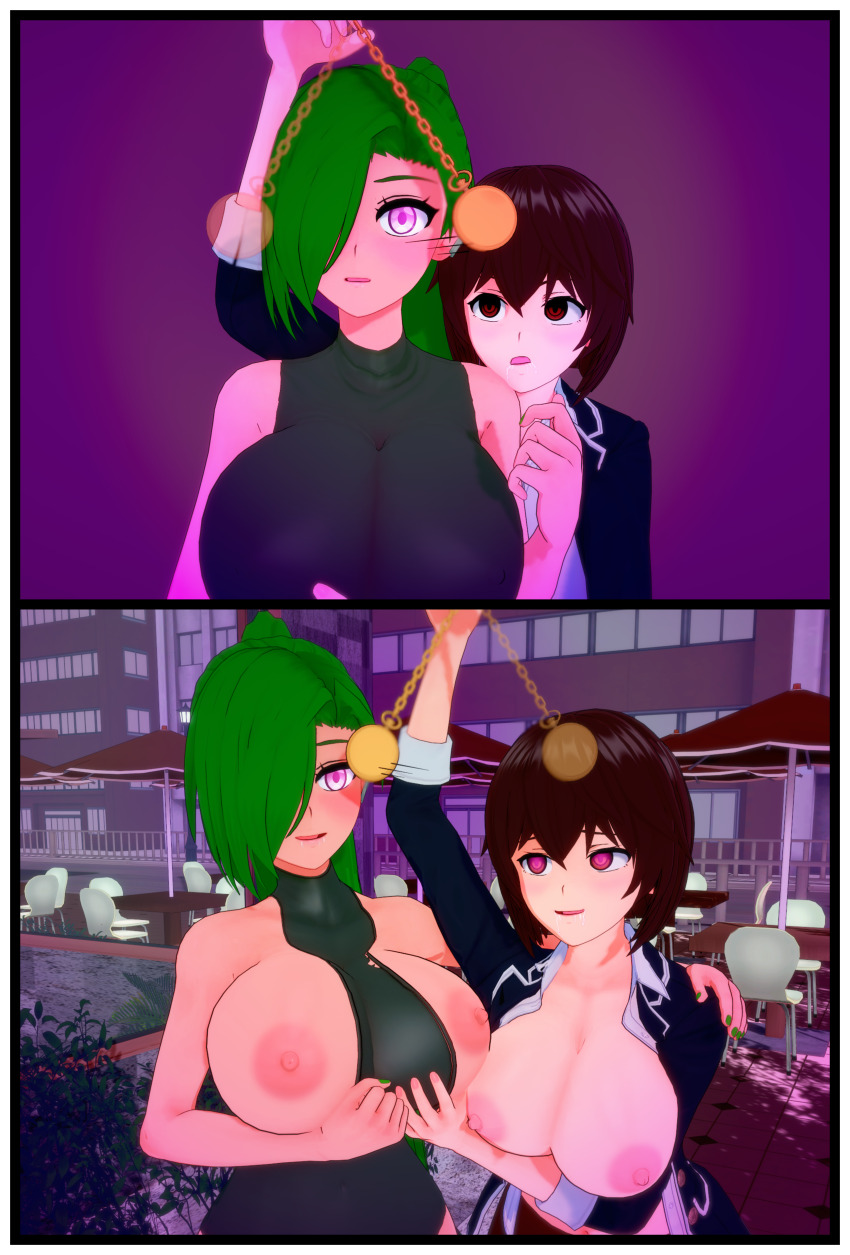 3d accidental_hypnosis breasts brown_hair comic exposed_chest female_only femsub green_hair hana_(thehguy) hypnotized_hypnotist kai_hyouka_(sleepy_kai) koikatsu! original pocket_watch self_hypnosis thehguy