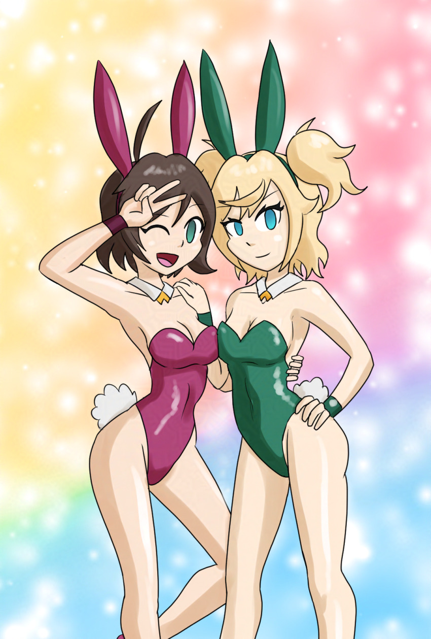 alternate_costume bare_legs bare_shoulders blonde_hair blue_eyes breasts brown_hair bunny_girl celtie_(world_flipper) cleavage cygames empty_eyes fake_animal_ears female_only femsub hand_on_hip happy_trance looking_at_viewer mythkaz nagihara_nao one_eye_open smile tagme tail v wink world_flipper