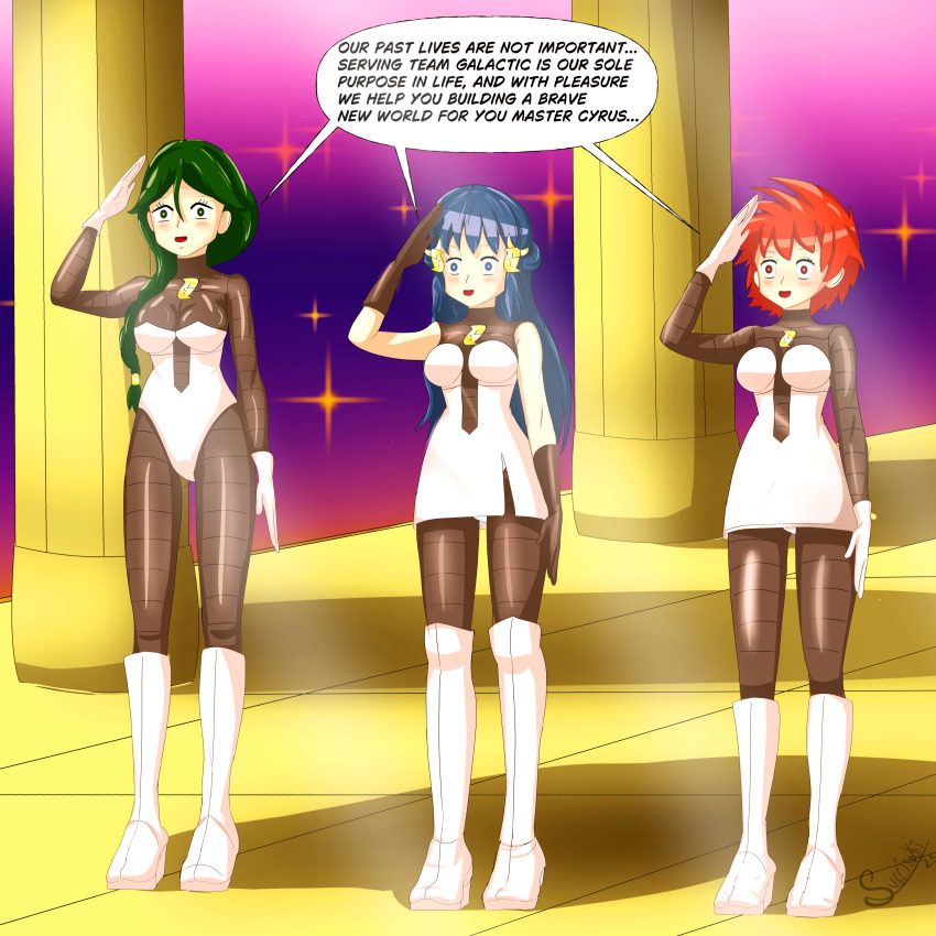 blue_eyes blue_hair cheryl dawn femsub green_eyes green_hair happy_trance nintendo pokemon red_hair saluting standing_at_attention surrisaki tagme team_galactic text zoey_(pokemon)