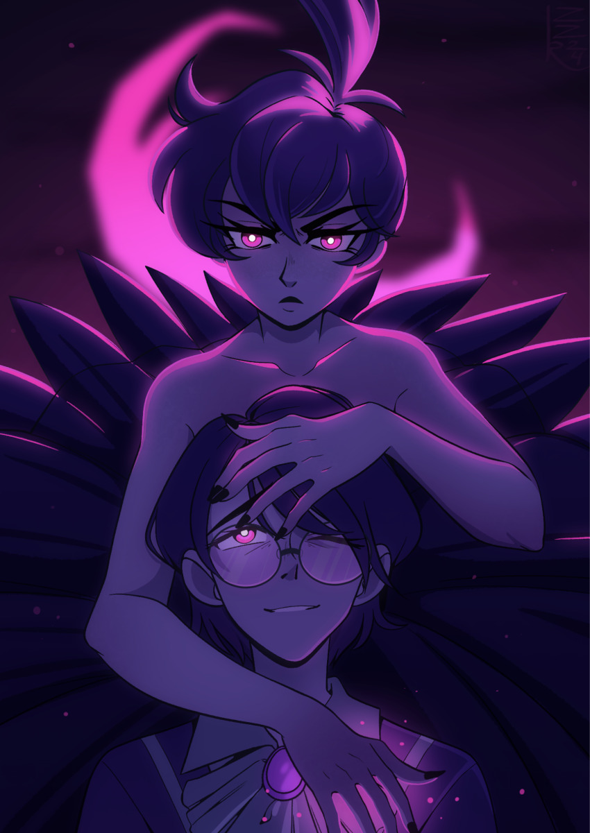 ahoge autor_(princess_tutu) ballerina black_hair femdom glasses glowing_eyes happy_trance magic magical_girl malesub pink_eyes princess_kraehe princess_tutu smile zerozeroren