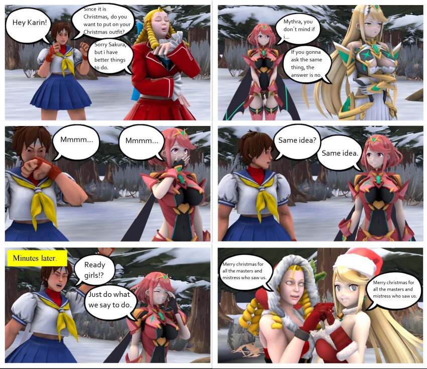 3d alternate_costume bandana bare_shoulders black_eyes blonde_hair breasts brown_hair capcom christmas cleavage closed_eyes crossover dialogue earrings english_text female_only femdom femsub fingerless_gloves gloves happy_trance hat holding_hands karin_kanzuki large_breasts long_hair looking_at_viewer mythra_(xenoblade) nintendo outdoors pyra_(xenoblade) red_eyes red_hair sakura_kasugano santa_costume santa_hat short_hair smile snow speech_bubble spiral spiral_eyes spiralwash_eyes street_fighter text thighs whateverdude19 xenoblade_chronicles xenoblade_chronicles_2 yellow_eyes