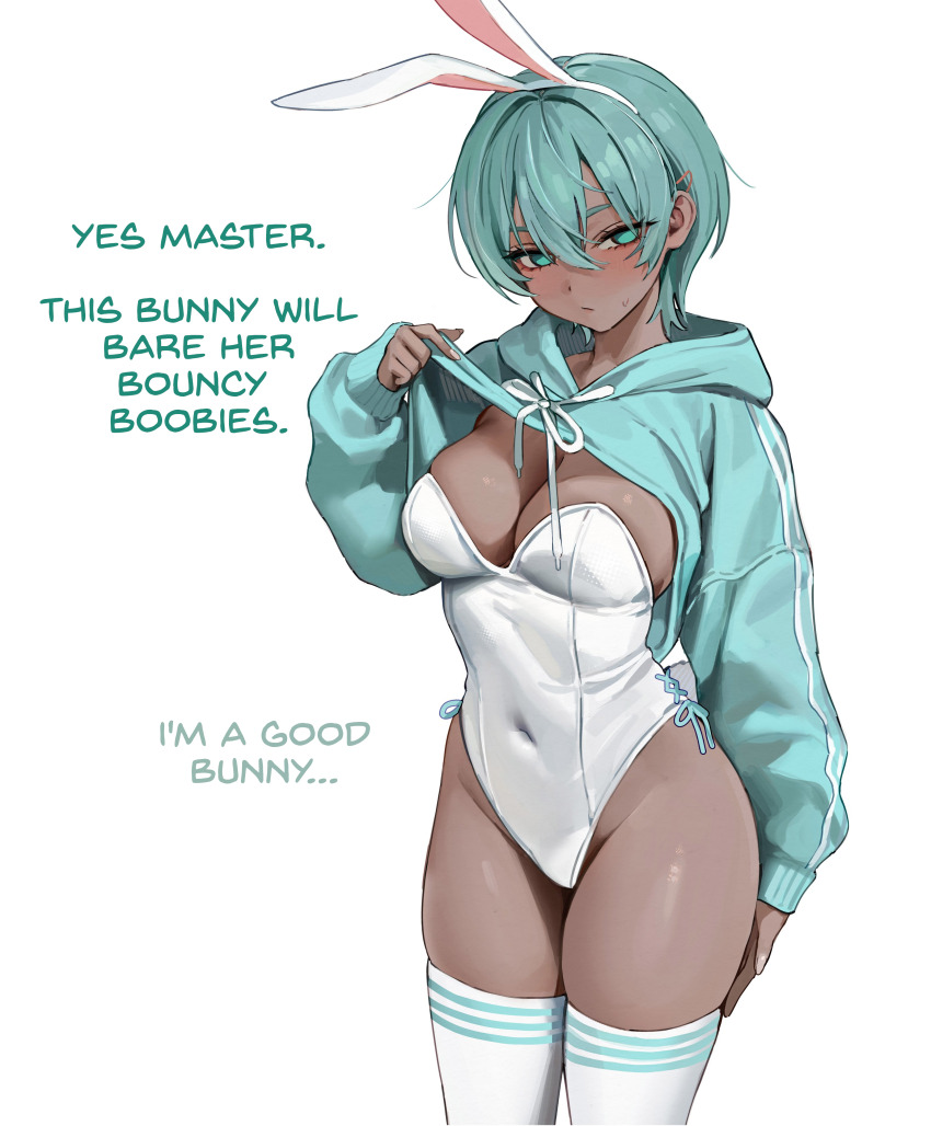 absurdres animal_ears breasts bunny_ears bunny_girl bunnysuit dark_skin embarrassed femsub fungi542 headband hoodie ittya_(manipper) manip original short_hair text white_background