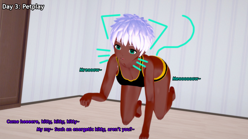 3d all_fours amber_(liz_b) cyan_eyes dark_skin dialogue empty_eyes english_text happy_trance hypnovember koikatsu! liz_b original pet_play sports_bra text white_hair