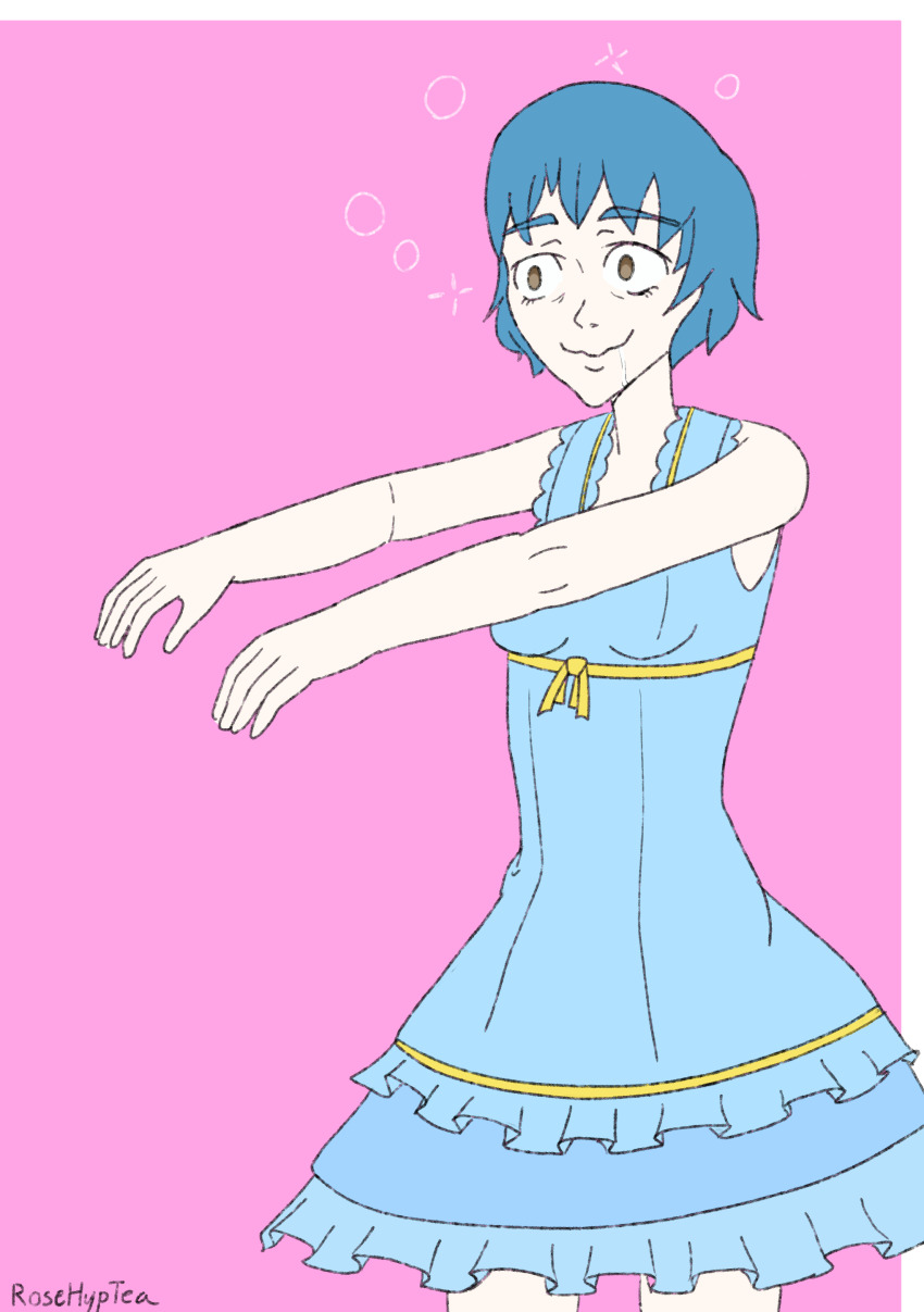 absurdres alternate_costume bare_shoulders blue_hair breasts brown_eyes clothed dress drool empty_eyes female_only femsub fuuka_yamagishi happy_trance persona_(series) persona_3 pink_background rosera short_hair shrunken_irises simple_background smile solo symbol zombie_walk
