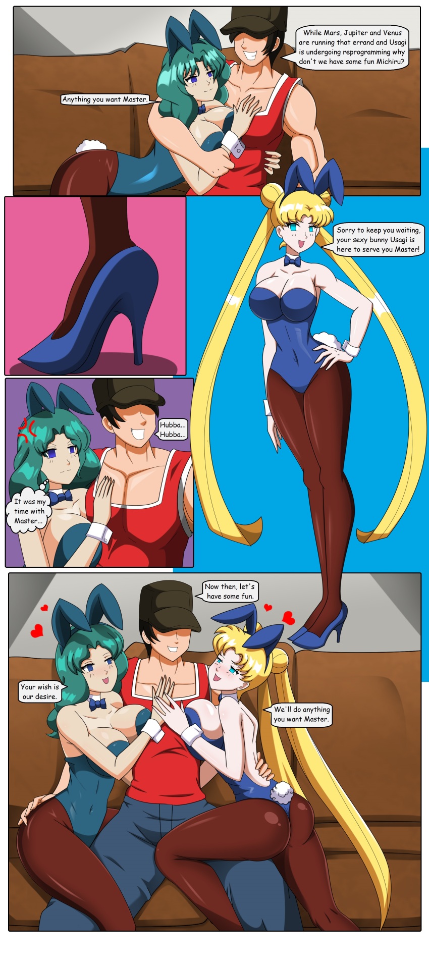 angry ass blonde_hair bunny_ears bunny_girl bunnysuit comic dialogue dlobo777 empty_eyes green_hair happy_trance large_breasts pantyhose sailor_moon sailor_moon_(series) sailor_neptune text
