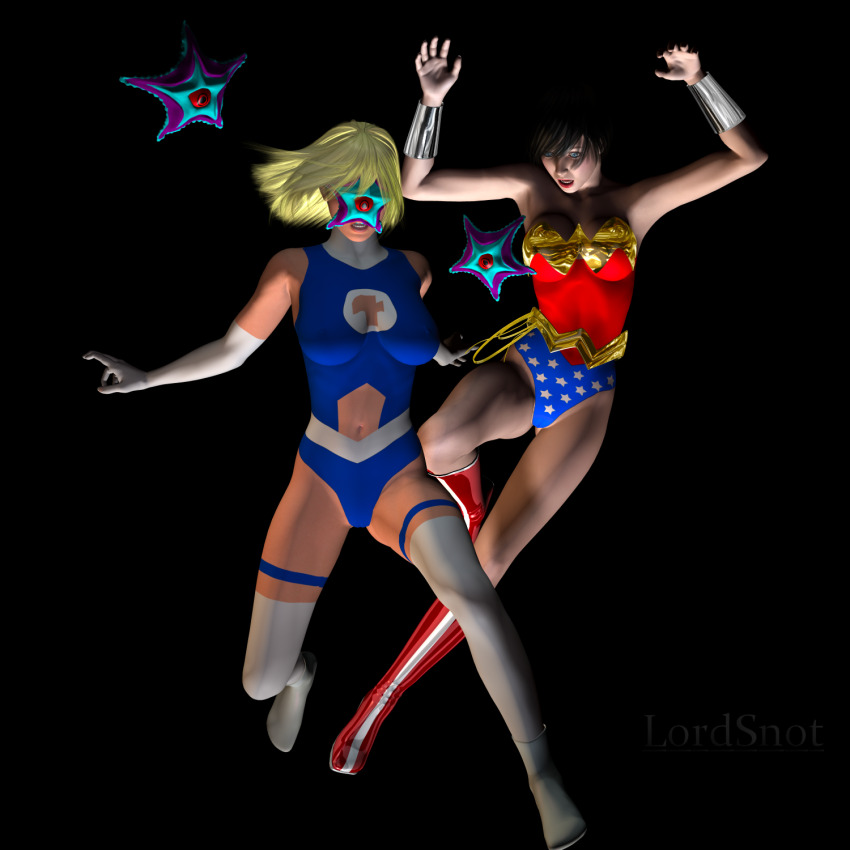 alien bangs bare_shoulders black_background black_hair blue_eyes boots bracers breasts carrie_wonders_(lordsnot) cleavage corruption dc_comics fantastic_four female_only femsub garter gloves large_breasts leotard long_hair lordsnot marvel_comics multiple_girls multiple_subs navel open_mouth opera_gloves original parasite short_hair simple_background starro susan_storm thigh_boots thighhighs watermark wonder_woman