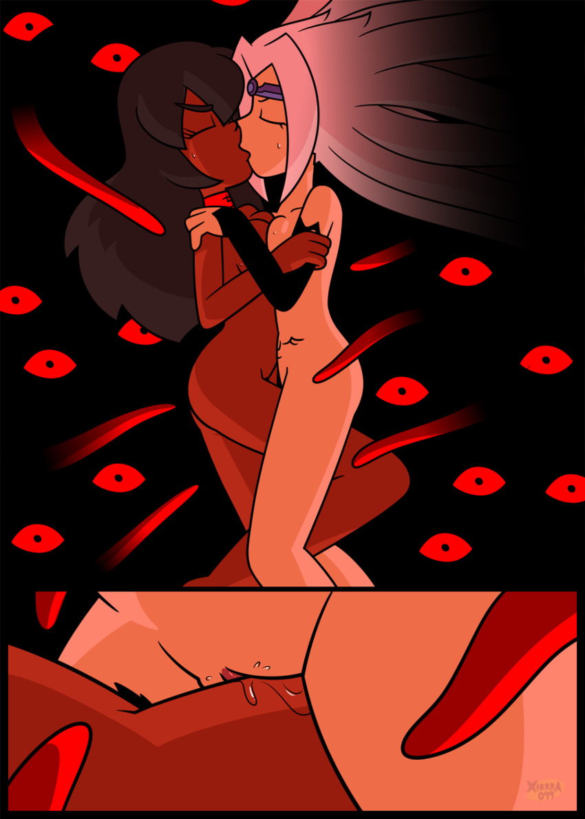 caption collar comic consensual crotch_tattoo crown dark_skin female_only hug kissing long_hair nude nun sex symmetrical_docking tentacles tribadism white_hair witch xierra099 yuri